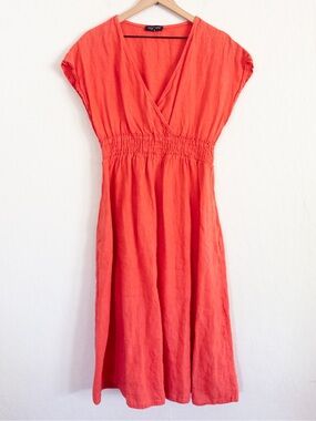 Magari Made in Italy 100% Linen Smocked V-Neck Midi Dress XL Coral Beach Summer